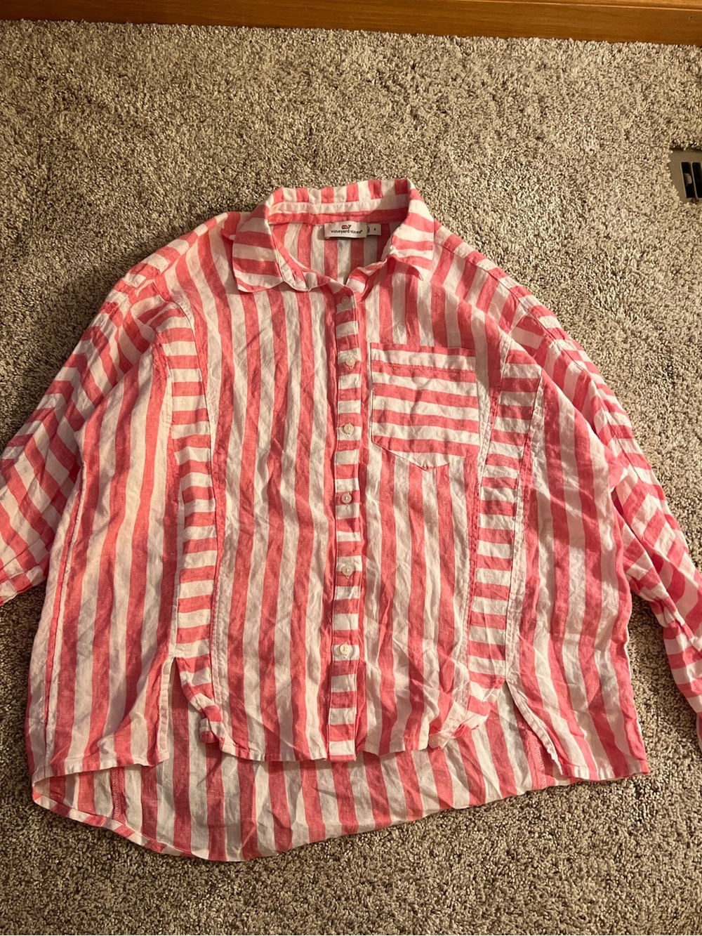 Vineyard Vines Coral and White Striped Linen Shirt